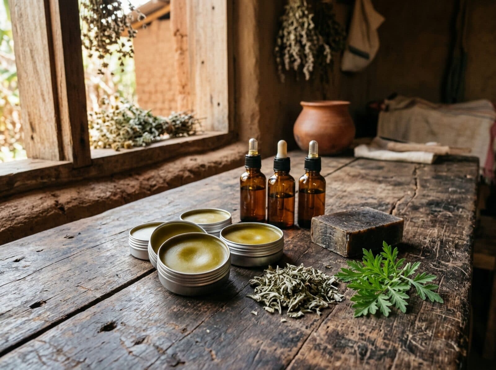 Selbst hergestellte Heilsalben-Tiegel, Tinkturfläschchen und ein Stück Kräuterseife neben getrockneter Artemisia auf einem Holztisch