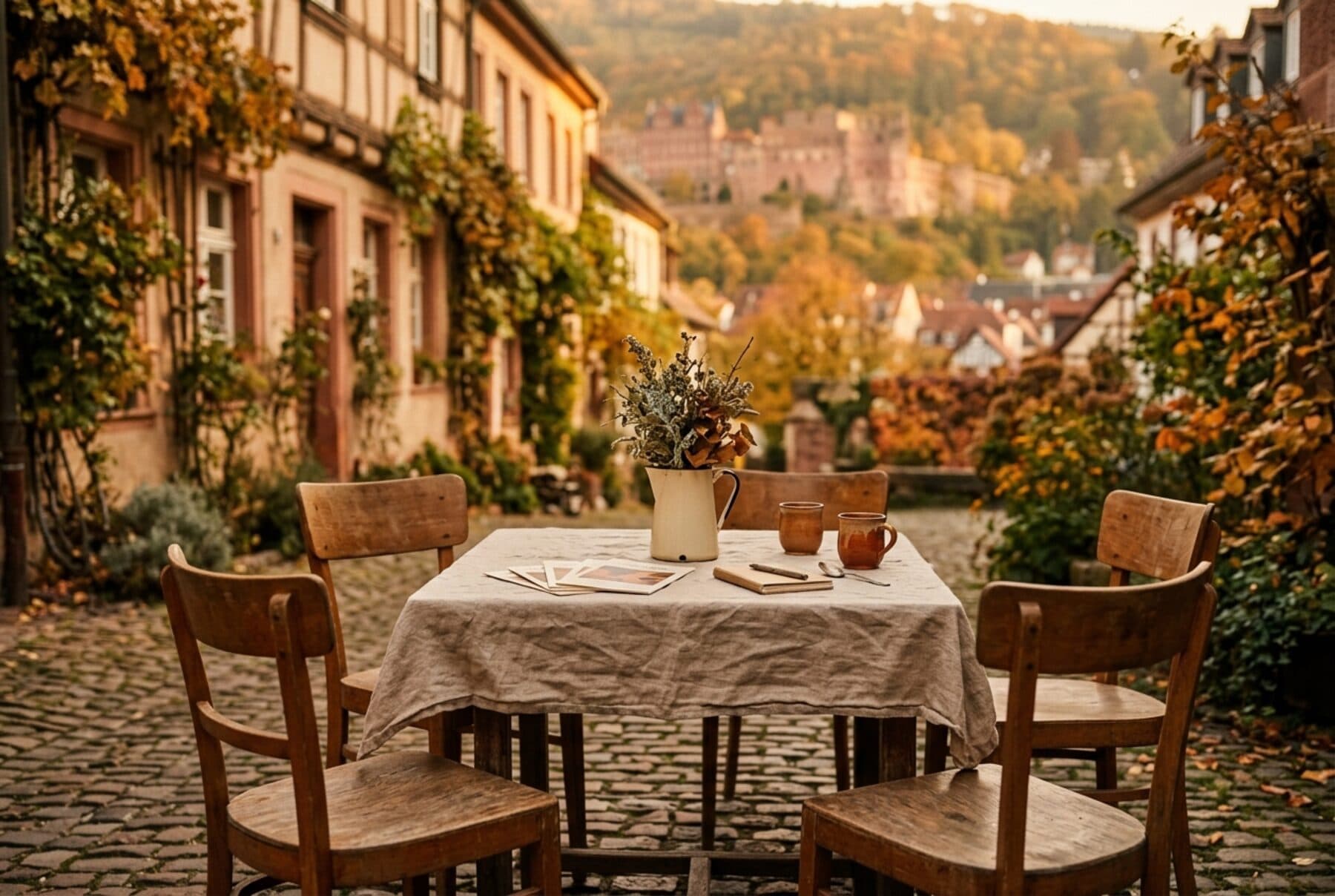 Gedeckter Holztisch mit Stühlen in einer Heidelberger Altstadtgasse im goldenen Herbstlicht, im Hintergrund das Schloss